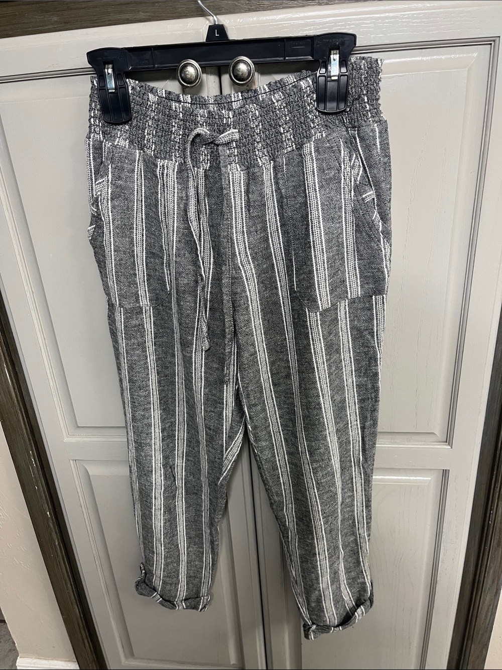 Sincerely Jules Gray & White Striped Linen-Blend Jogger Pants